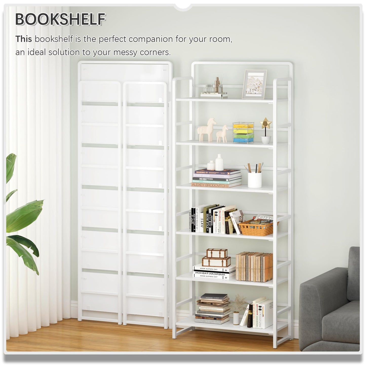 4NM No Assembly 6 Tiers Folding Bookshelf Storage Shelves Vintage Bookcase Standing Racks Study Organizer Home Office (All White)