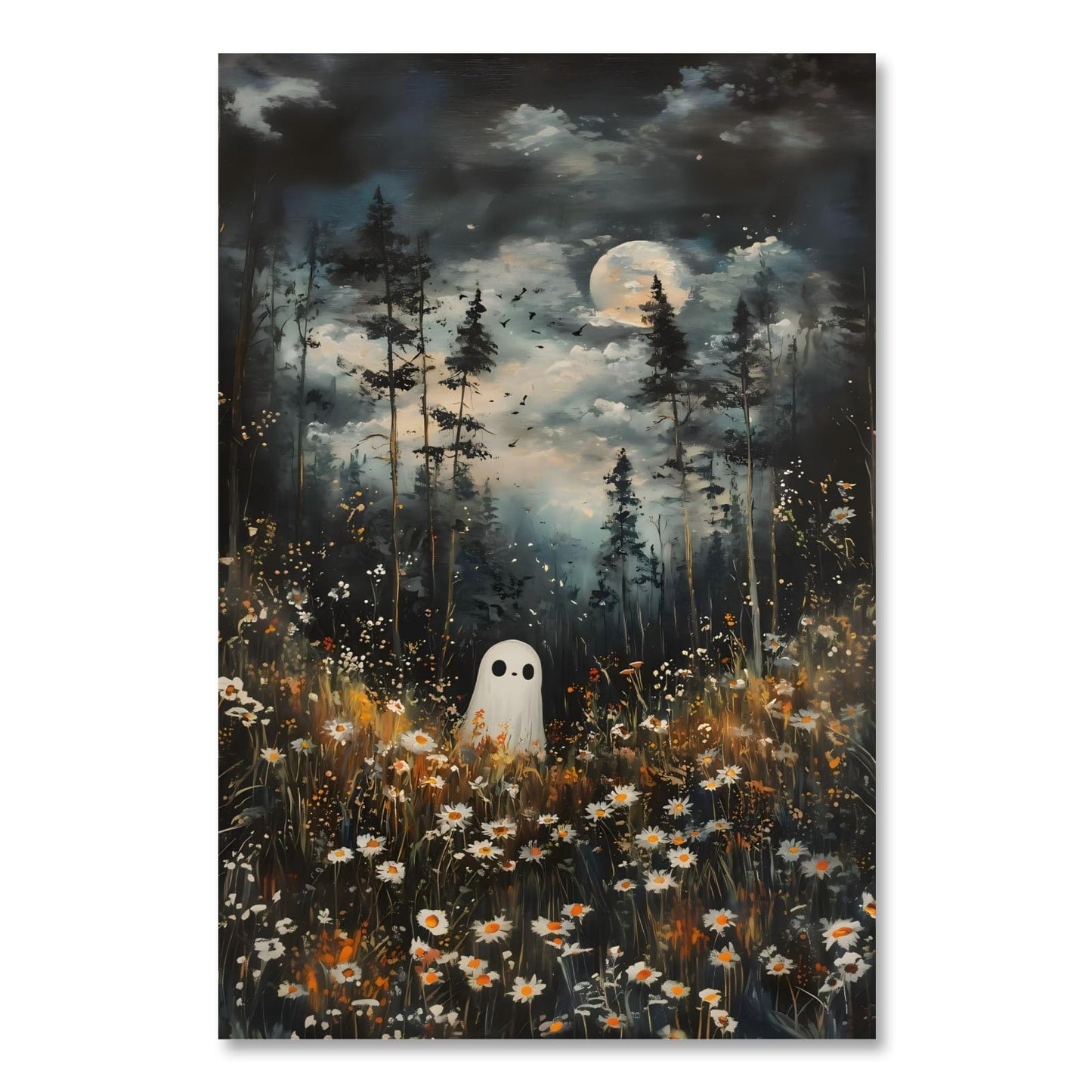 KBBYT Dark Academia Wall Art Ghost In Magical Forest Poster Spooky Halloween Wall Decor Ethereal Ghost Fall Floral Gothic Canvas Print for Witchcore Aesthetic Haunted Room Bedroom 16X24inch Unframed