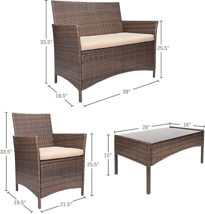 Devoko 4 Pieces Outdoor Patio Furniture Set, PE Rattan Wicker Chairs Balcony
