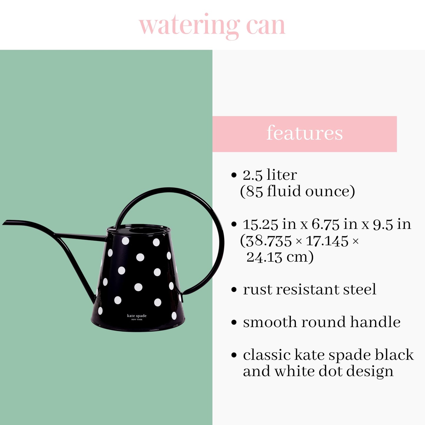 Kate Spade New York 2.5 Liter Indoor Watering Can, Metal Watering Can for House Plants, Cute Gardening Tool for Women, Picture Dot