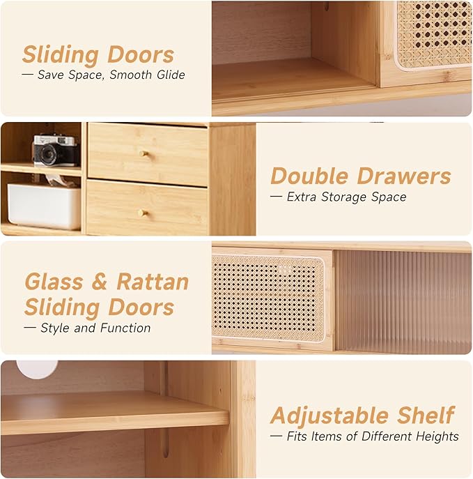 Tiita Rattan TV Stand for 55 60 Inch TV, Bamboo TV Cabinet