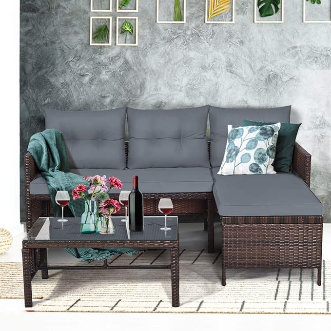 Tangkula Patio Corner Sofa Set 3 Piece, Outdoor Rattan Sofa Set, Includes