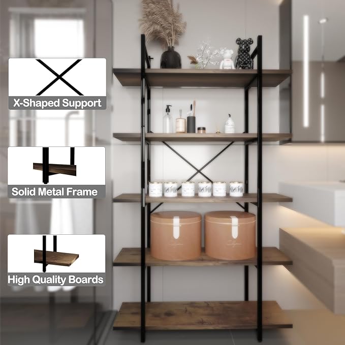 5 Tiers Bookshelf Organizer Industrial Shelf, Modern Open Display Storage