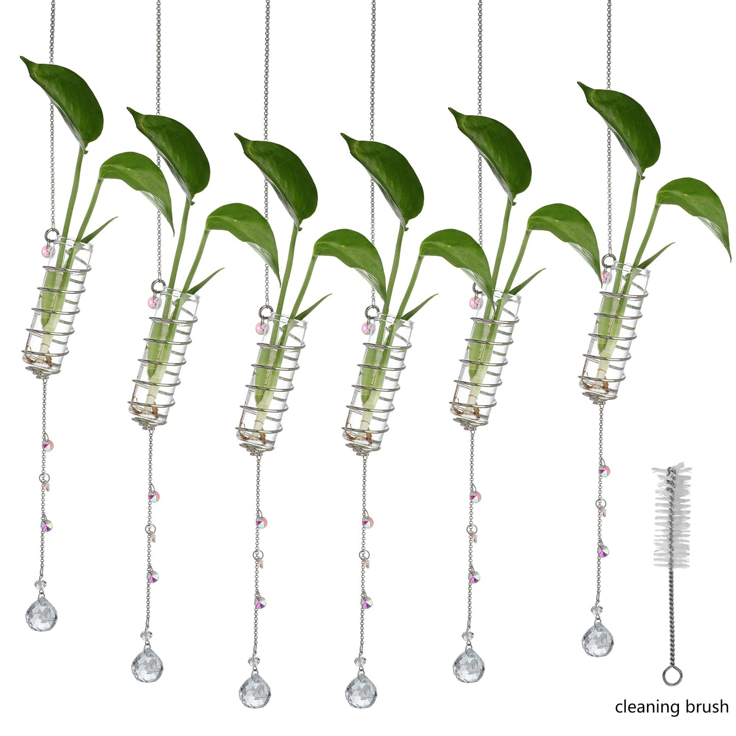 H&D HYALINE & DORA 6 Pcs Hanging Plant Propagation Station with Crystal Ball Prisms Suncatcher and Cleaning Brush, Glass Plant Suncatcher for Indoor Wall Plants Gifts for Plants Lovers(Silver)
