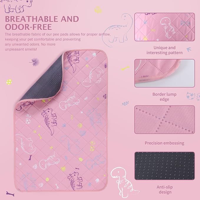 IEUUMLER Washable Pee Pads for Dogs, 1 Pack Non-Slip & Waterproof Pack Whelping Pad, Reusable Washable Puppy Potty Training Pad with Fast Absorbent for Playpen EU007 (Pink Dinosaur, 48"X48"-1pcs)