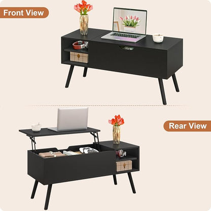 ALINE FURNITURE Black Lift Top Coffee Table with Hidden Storage Compartment, Solid Wood Legs & Open Shelves - 40" Pop Up Coffee Tables for Living Room
