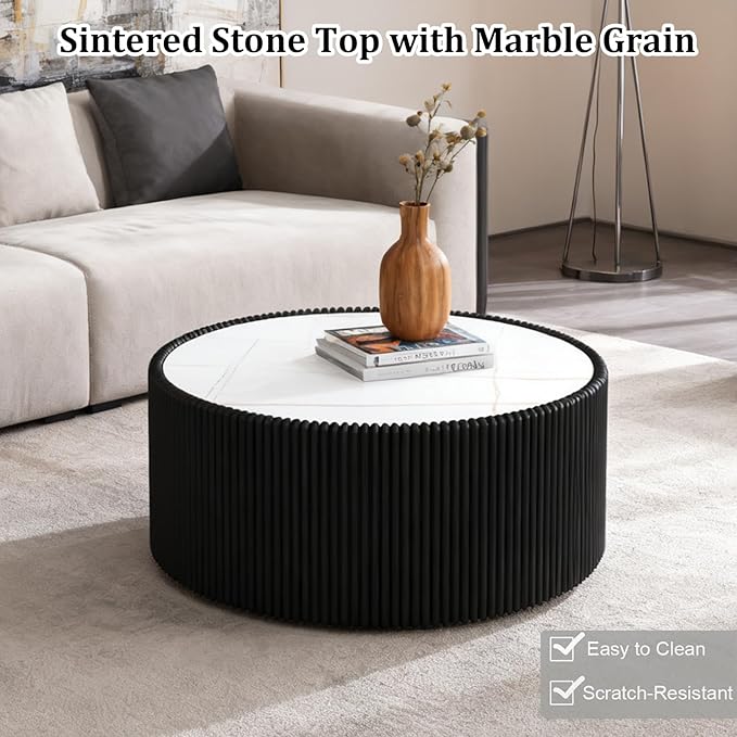 SSLine Round Drum Coffee Table Modern Sintered Stone Top Coffee Table in Black