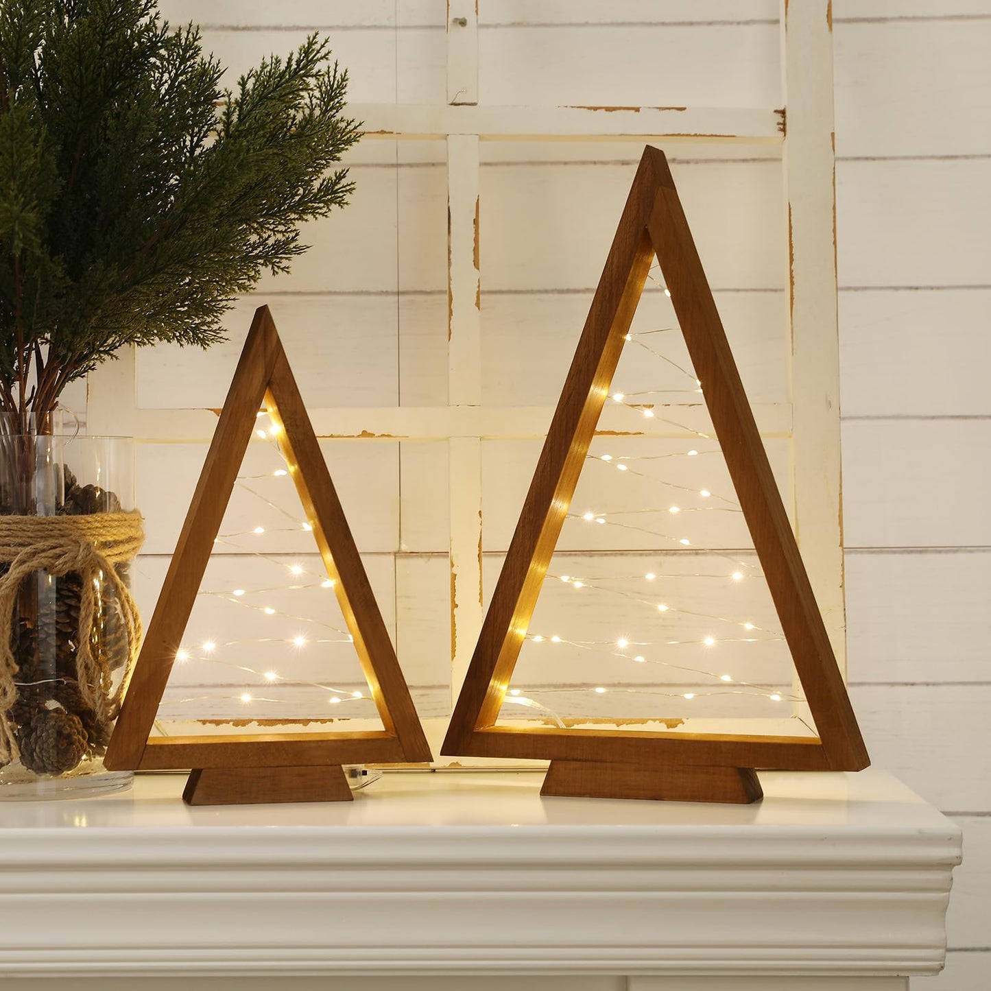 Christmas Decorations-2PCS Light Up Wooden Christmas Tree- Handmade Tabletop Christmas Tree with Light for Farmhouse Home Kitchen Table Mantle Shelf Party Decor