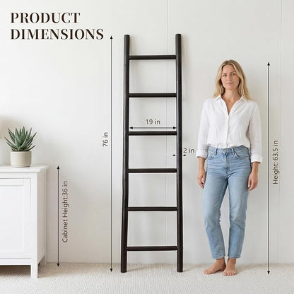 Wooden Blanket Ladder - 76in Natural Wood Color- Leaning Wall Decor for Bedroom, Bathroom, Living Room - Rustic Quilt Holder (Dark Walnut, 76in | Knock Down)