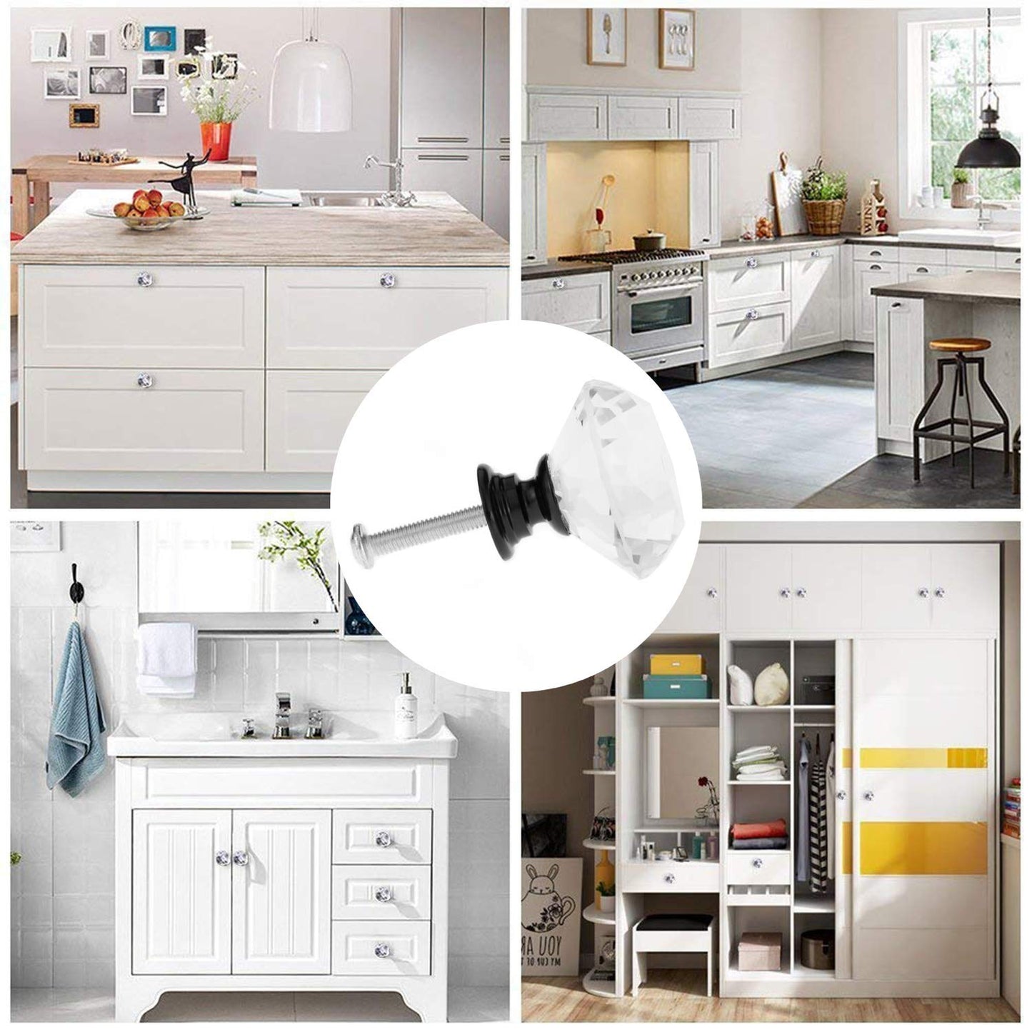 YourGift 12 Pack Drawer Knobs Diamond Shaped Crystal Glass 30mm Cabinet Knobs Pull Handles (Black)