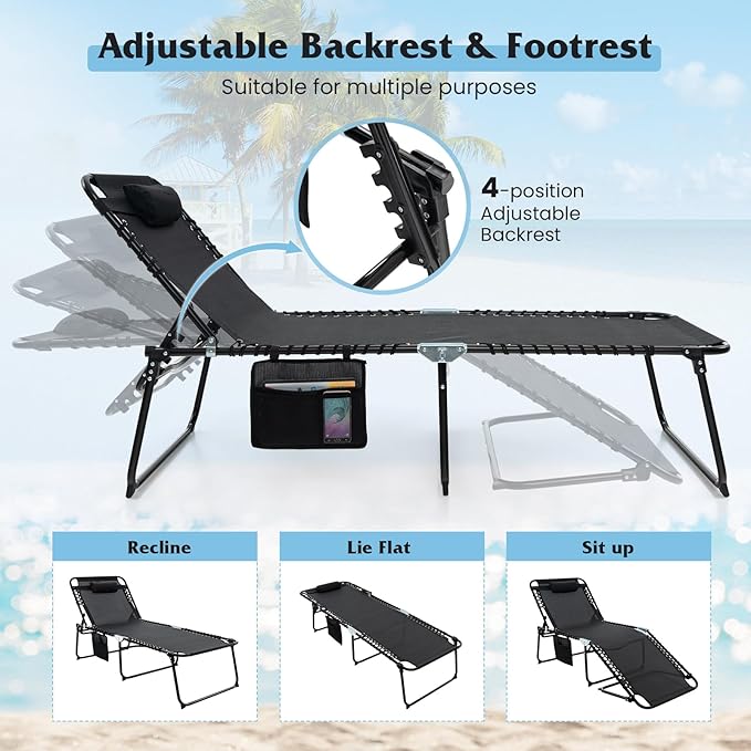 GYMAX Lounge Chair for Outside, 440lbs 27” Oversize Folding Beach Tanning