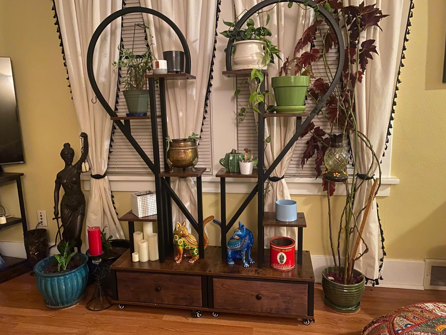Heart Shaped Indoor Plant Stand with Rolling Storage Cabinet & Drawer, Multi-Tier Plant Shelf with Hanging Hooks & Casters for Home Office Living Room Patio Balcony, Rustic Brown, 2 Pack