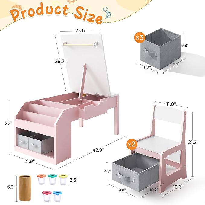 5-in-1 Kids Art Table and Chairs, Wood Toddler Table and Chair Set