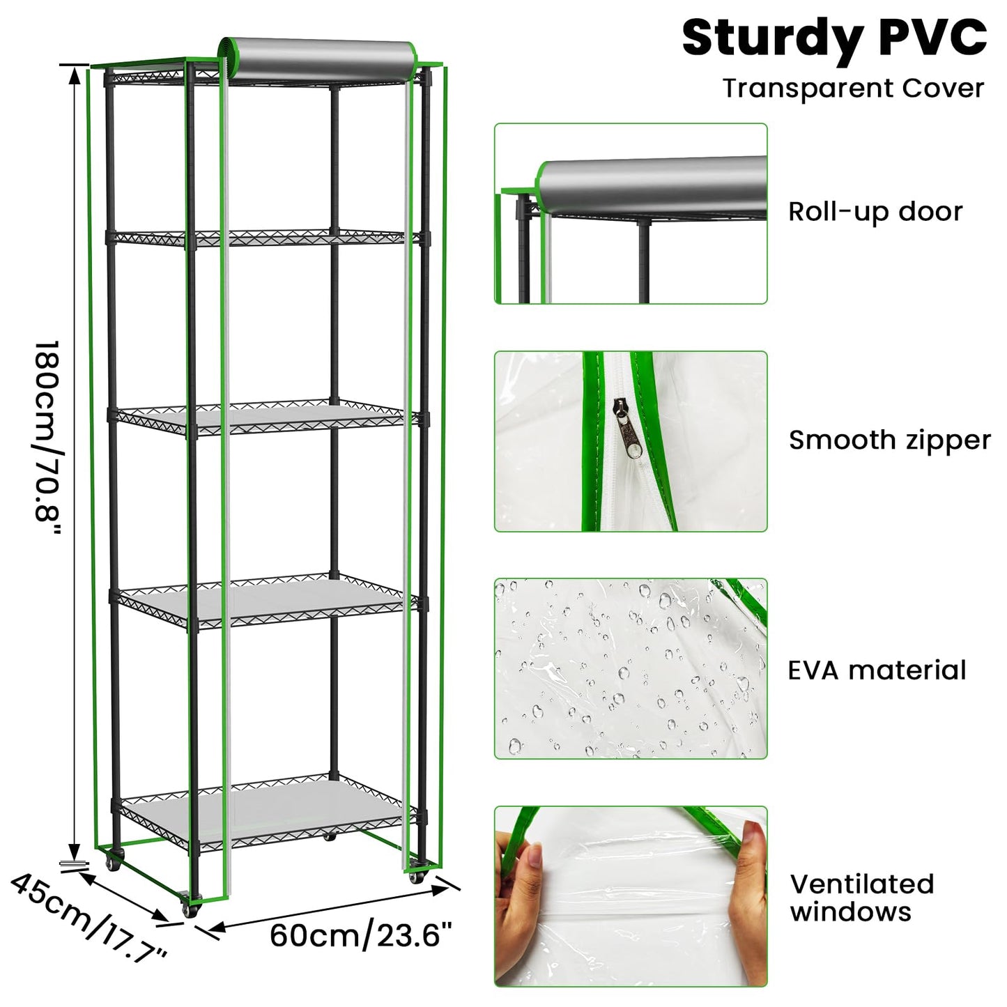 Kweetle Indoor Greenhouse with Grow Light, 5 Tier Mini Greenhouse, Full Spectrum Grow Light with Timer, Plant Shelf with PVC Cover for Seed Starting, Herbs, Vegetables, Balcony, 23.6×17.7×70.8 Inch