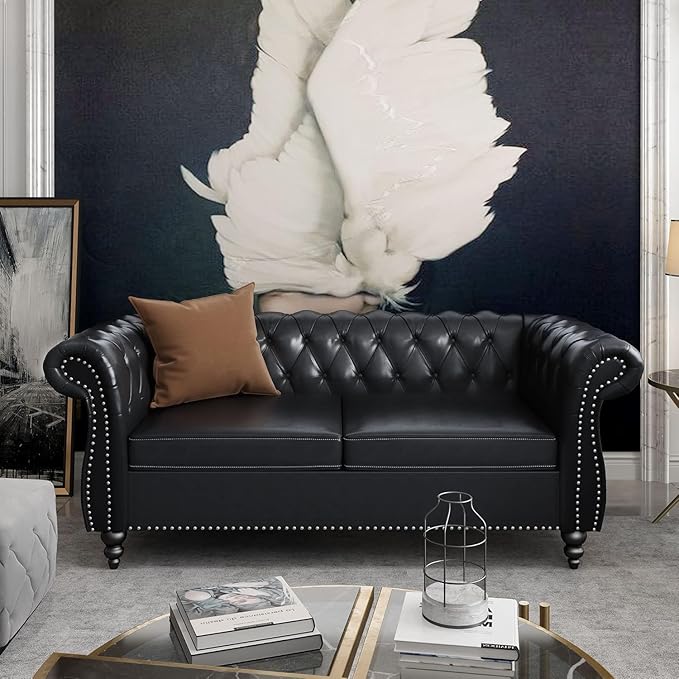Mid-Century 2 Seater Sofa, Faux Leather Loveseat