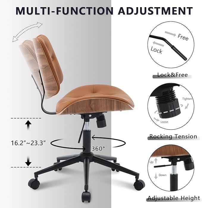 Armless Home Office Chair with Wheels, PU Leather Adjustable Height Computer