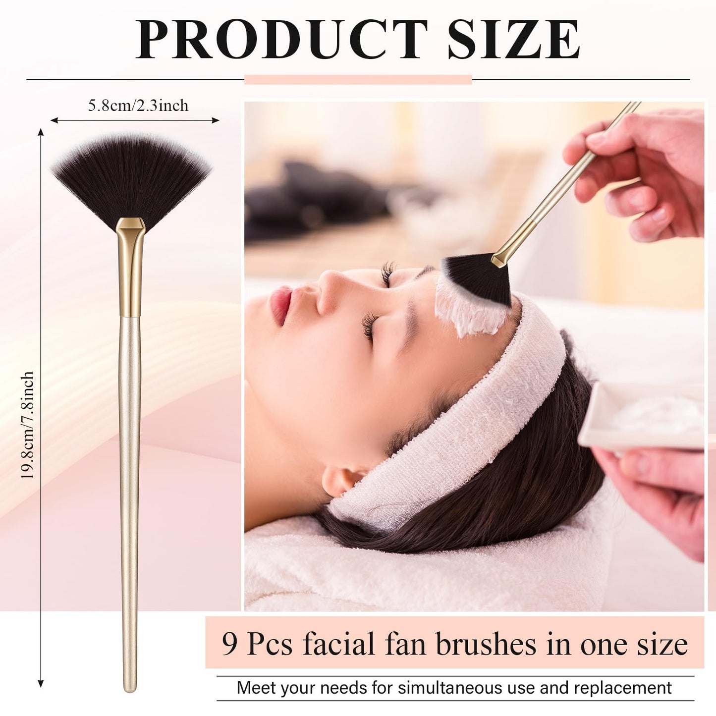9 Pieces Facial Fan Mask Brushes, Soft Facial Applicator Brushes Tools for Peel Glycolic Makeup for Mud Cream(Champagne)