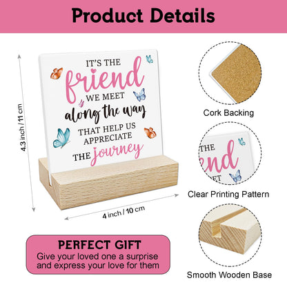 REWIDPARTY Friendship Gifts for Women Motivational Friendship Ceramic Sign Keepsake Christmas Birthday Gifts for Friend Colleague Ceramic Desk Sign Plaque with Wooden Stand for Home Office Decor