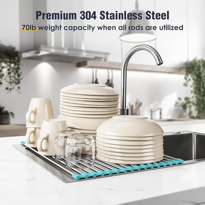 Tomorotec 17.7" x 12.5" Roll Up Dish Drying Rack Over Sink Drying Rack Sink Cover Kitchen Sink Accessories Gadget Multipurpose Organizer Foldable Stainless Steel Drainer