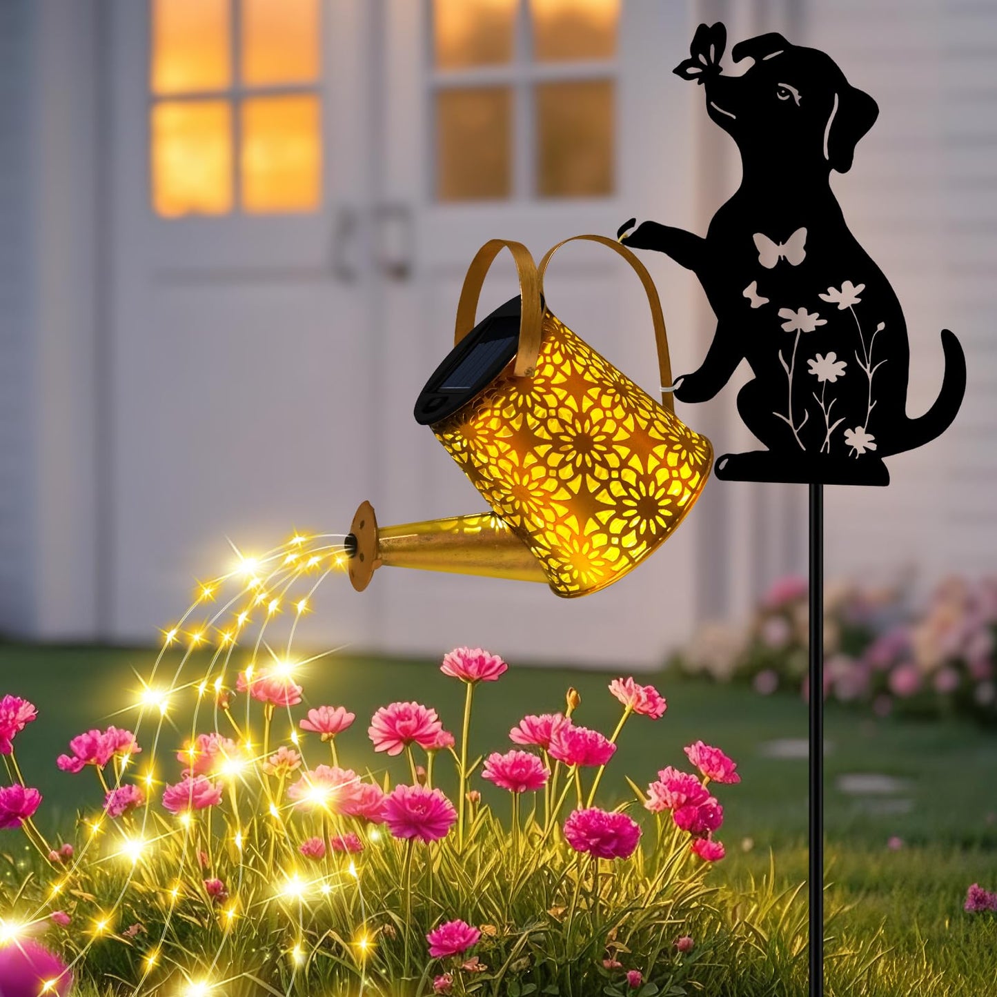 ZFNN Solar Garden Decor Lights, Outdoor Waterproof Solar Watering Can with Cascading Lights, Metal Dog Silhouette Stake Yard Art for Outside Lawn Patio, Unique Gardening Gifts for Women Mom