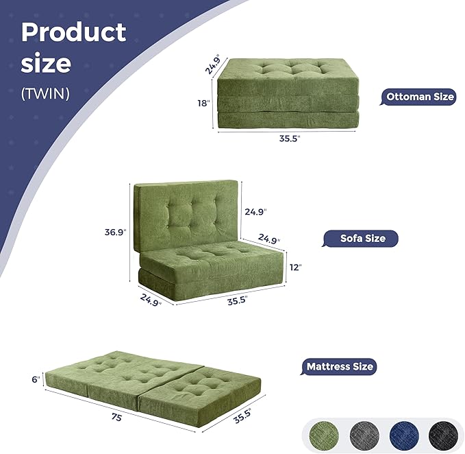 MAXYOYO 6" Folding Sofa Bed for Floor, Tufted Tri-Fold Floor Mattress