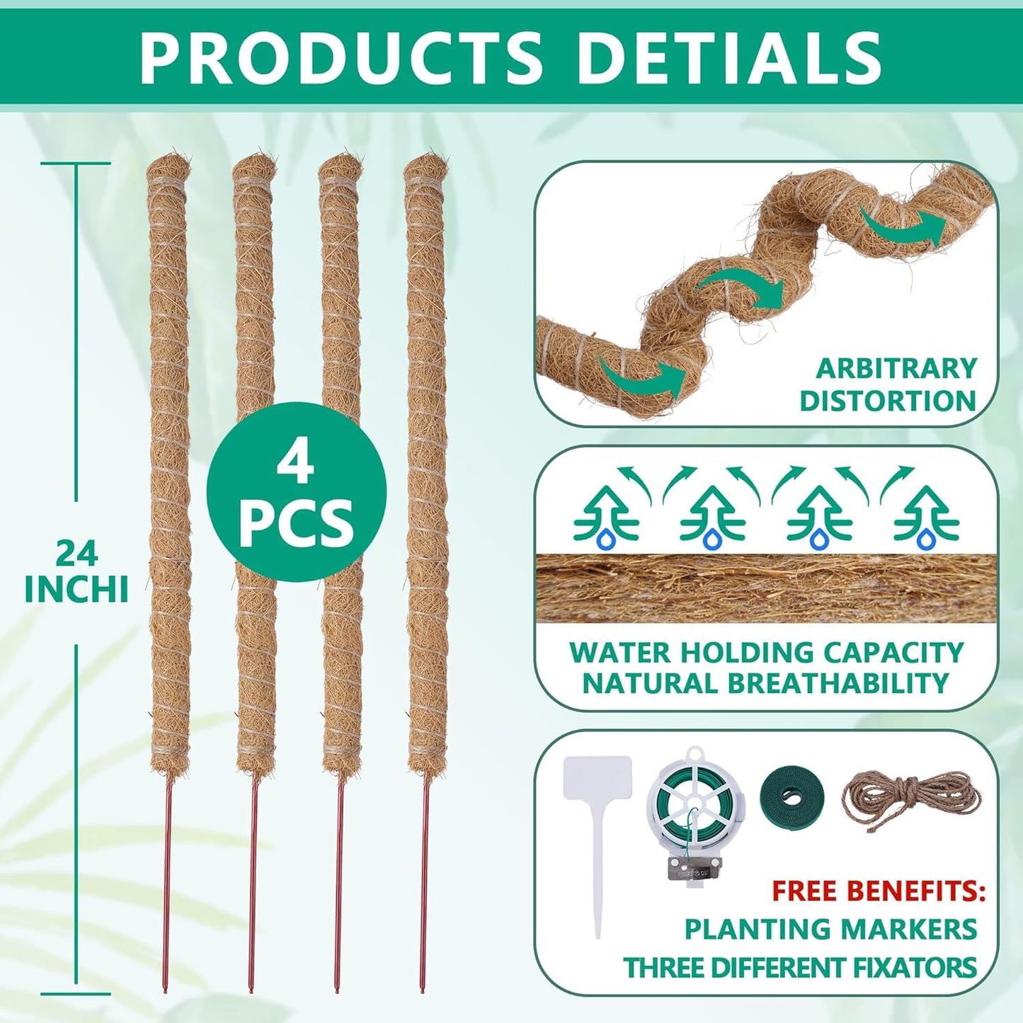AlisisFores 4 Pcs Bendable Moss Pole for Monstera Plant Support，24 Inch Handmade Coir Pole Stick for Climbing Plants Indoor Plant Stakes for Potted Plants to Grow Upwards