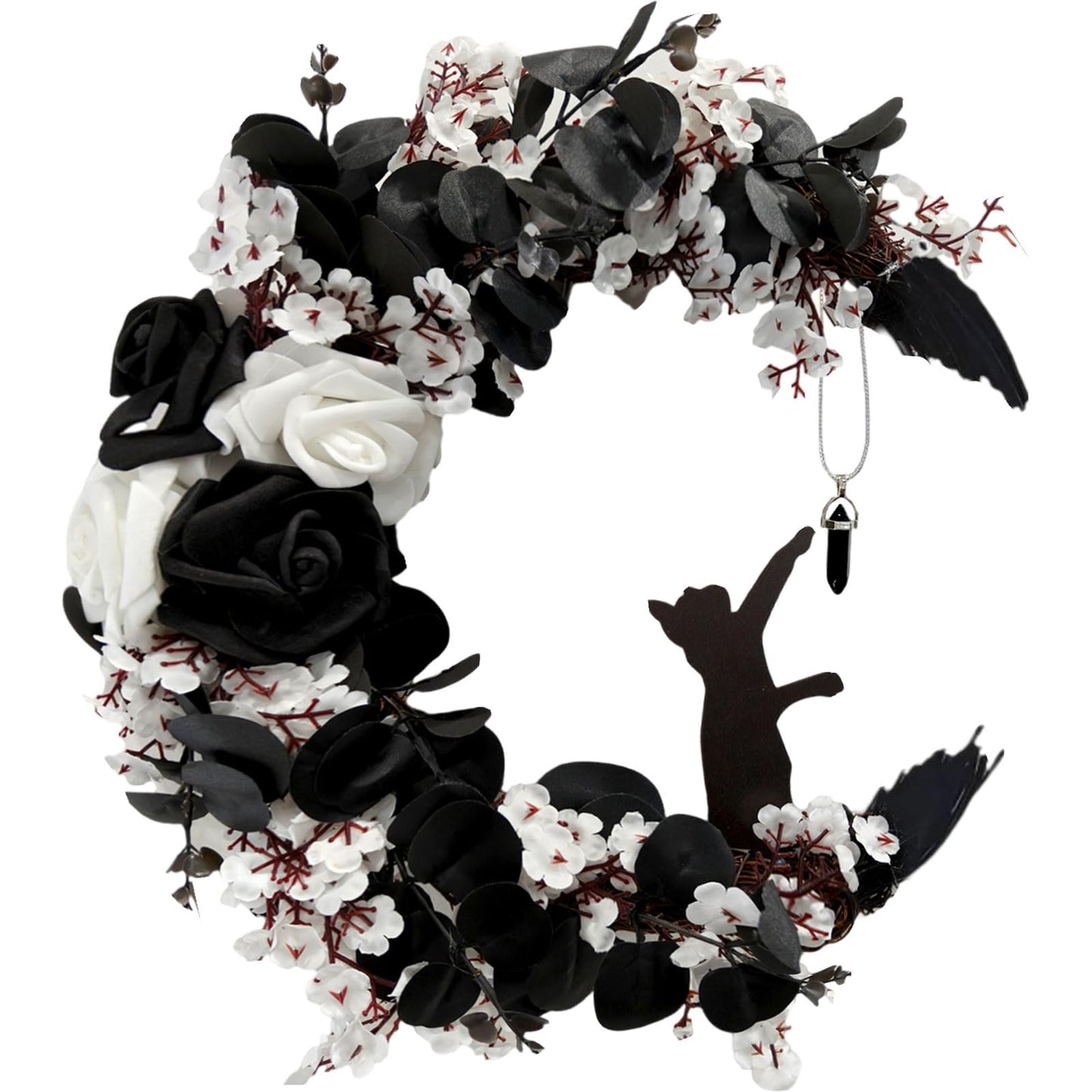 Halloween Wreaths for Front Door, Flower Moon Cat Halloween Home Decoration, Fall Winter Family Gathering Decoration Wreath Outdoor Wall Closet Fence Spooky Wreath(Moon Cat White13.7in×9.8in)