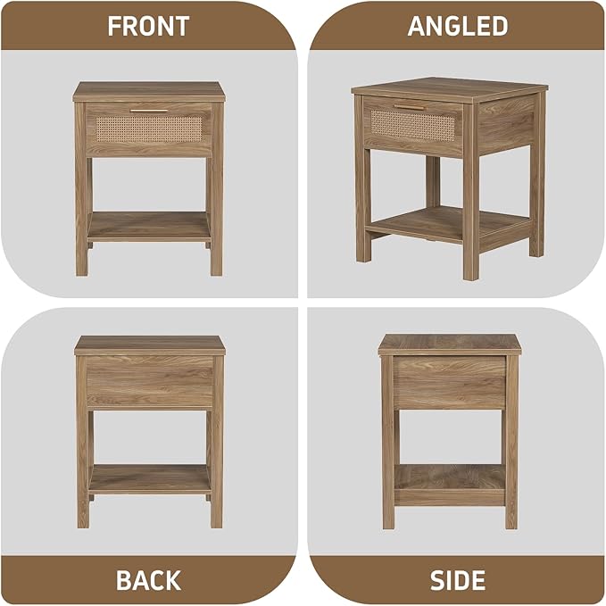 Rattan Nightstand Set of 2, Natural Style Night Stand