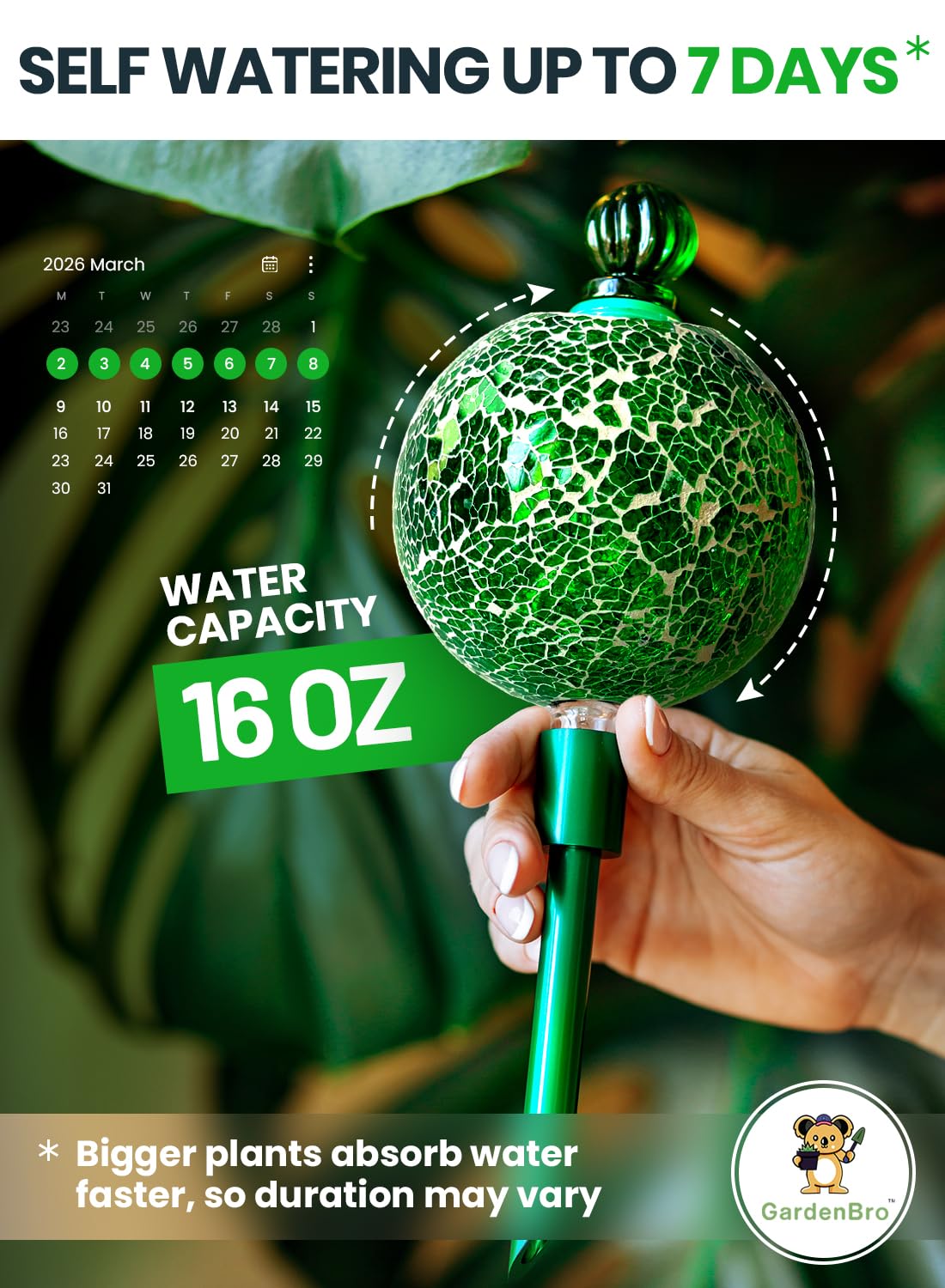 16 Oz Plant Watering Globes for Indoor Plants with Metal Self Watering Planter Insert - Premium XL Glass Hand-Blown Globe - Automatic Plant Waterer Indoor, Gift Idea for Gardeners [1 Globe, Mosaic]