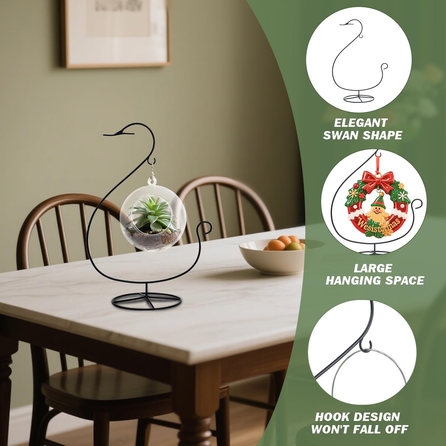 Handbanary 12 Inch Ornament Display Stand, Air Plant Holder, Terrariums Hanger, Black Iron Wire Hanging Hook for Christmas Halloween Decor (Swan Shape 3 Pcs)