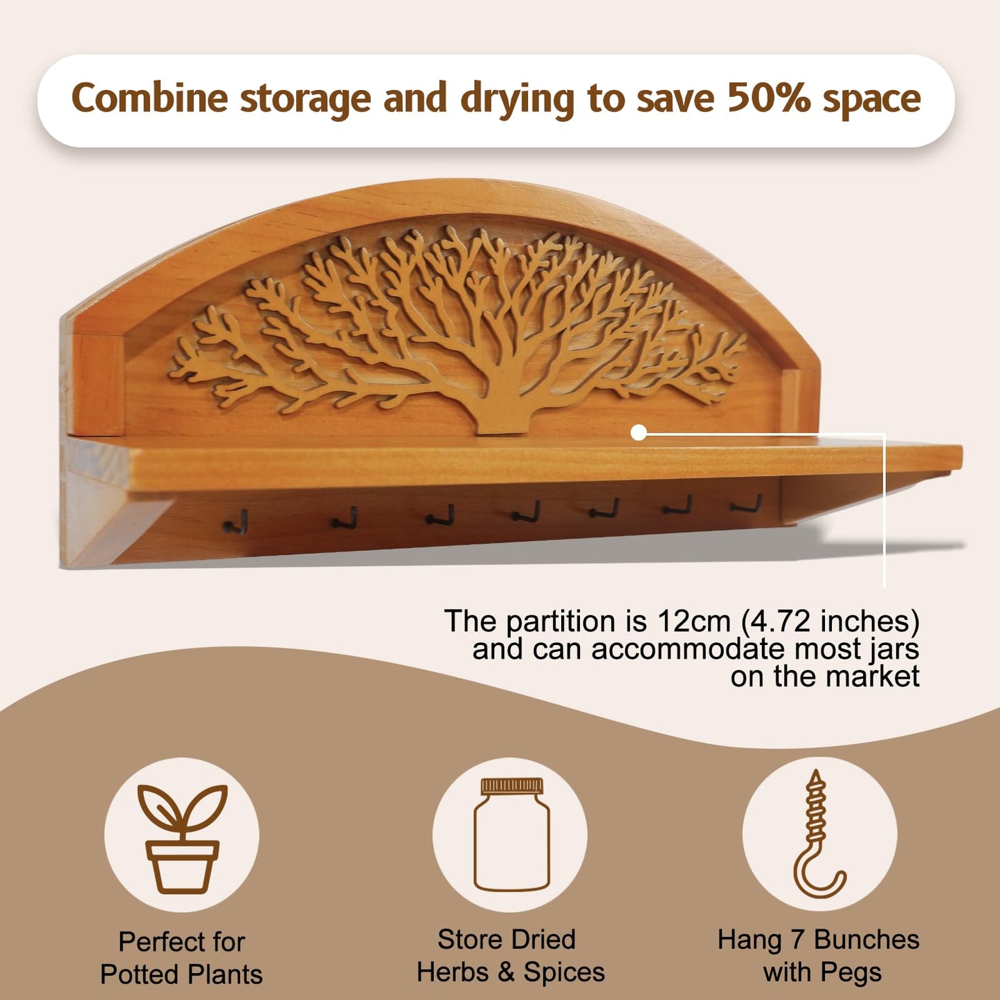 Tnstbiee Hanging Herb Drying Rack - Artistic Life Tree Design. Space-Saving Kitchen Flower Dried Grass Display,Holds 7 Bouquets. For Witches & Gardeners Gifts for Crafters, Wall Art Décor