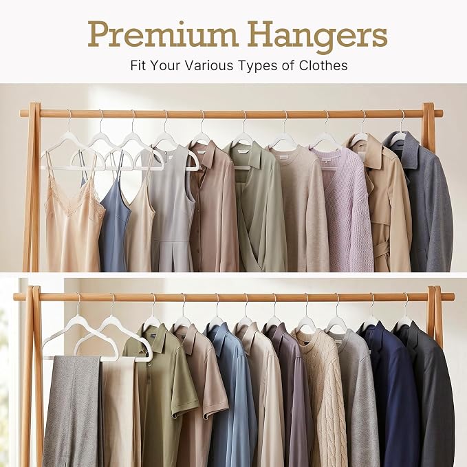 HOUSE DAY White Velvet Hangers 60 Pack, Non Slip Clothes Felt Hanger Heavy Duty for Coat, Premium Slim Space Saving Suit Hangers for Closet Organizer, 360° Rotating Silver Hook