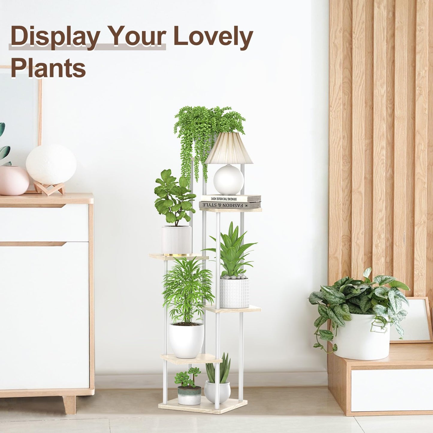 Oppro 6 Tier Tall Plant Stand Indoor, Large Metal Wood Muti Level Vertical Planter Shelf Orchid Holder for Narrow Corner, Sturdy Heavy Duty Flower Display Rack for House Decor Living Room Bedroom, White