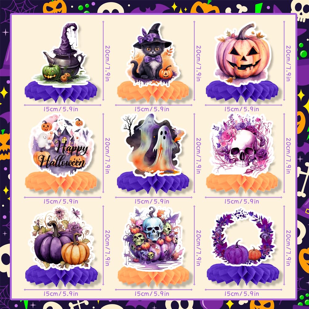 9 PCS Halloween Honeycomb Centerpieces for Table Decoration,Evil Pumpkin Skull Ghost Black Cat 3D Table Topper Sign Purple Orange for Happy Halloween Party Favor Bar Haunted House Decoration