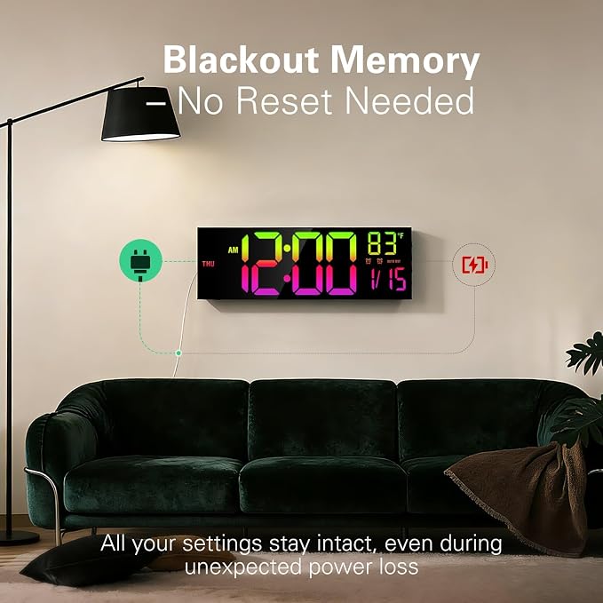 JALL 16" Large Digital Wall Mount Clock, Count Down Timer, Alarm, Big LED, RGB Color, DST, Temperature for Living Room Classroom Desk, Xmas, Birthday Gift for Senior Mom Dad (Black, 16 inches)