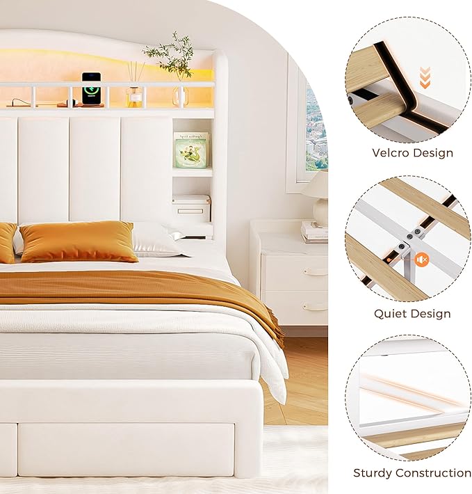 Queen Size Bed Frame with LED Storage Headboard & 2 Storage Drawers, Velvet