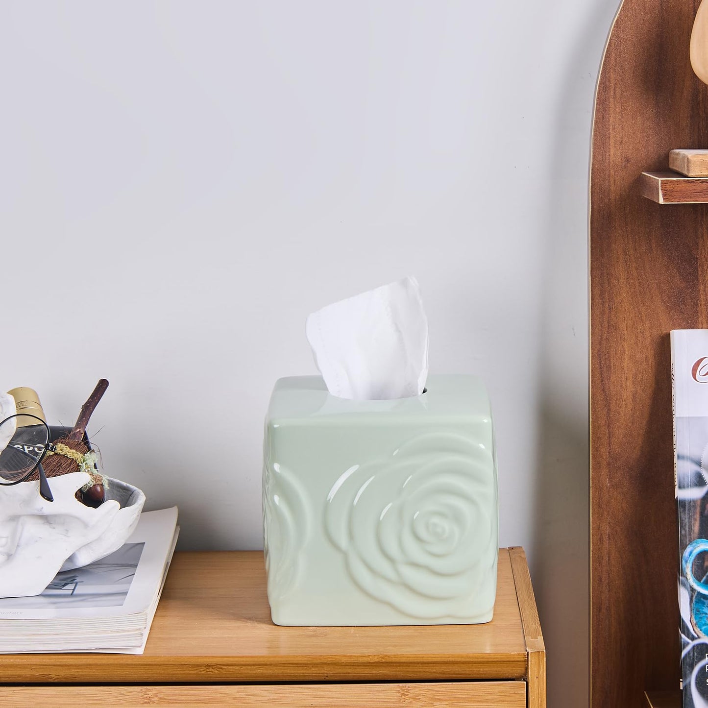 Light Green Ceramic Cube Tissue Box Cover with Rose – Large Elegant Rose Floral Square Decorative Tissue Box Holder for Bathroom, Bedroom, Office Desk, Kitchen Counter – Perfect Housewarming Gift