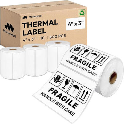 4x3 Direct Thermal Label, Barcode Address Mailing Name Shipping Labels, Perforated Thermal Stickers, Multipurpose, Commercial Grade for Thermal Printer, Strong Adhesive, 500/Roll, 4 Rolls