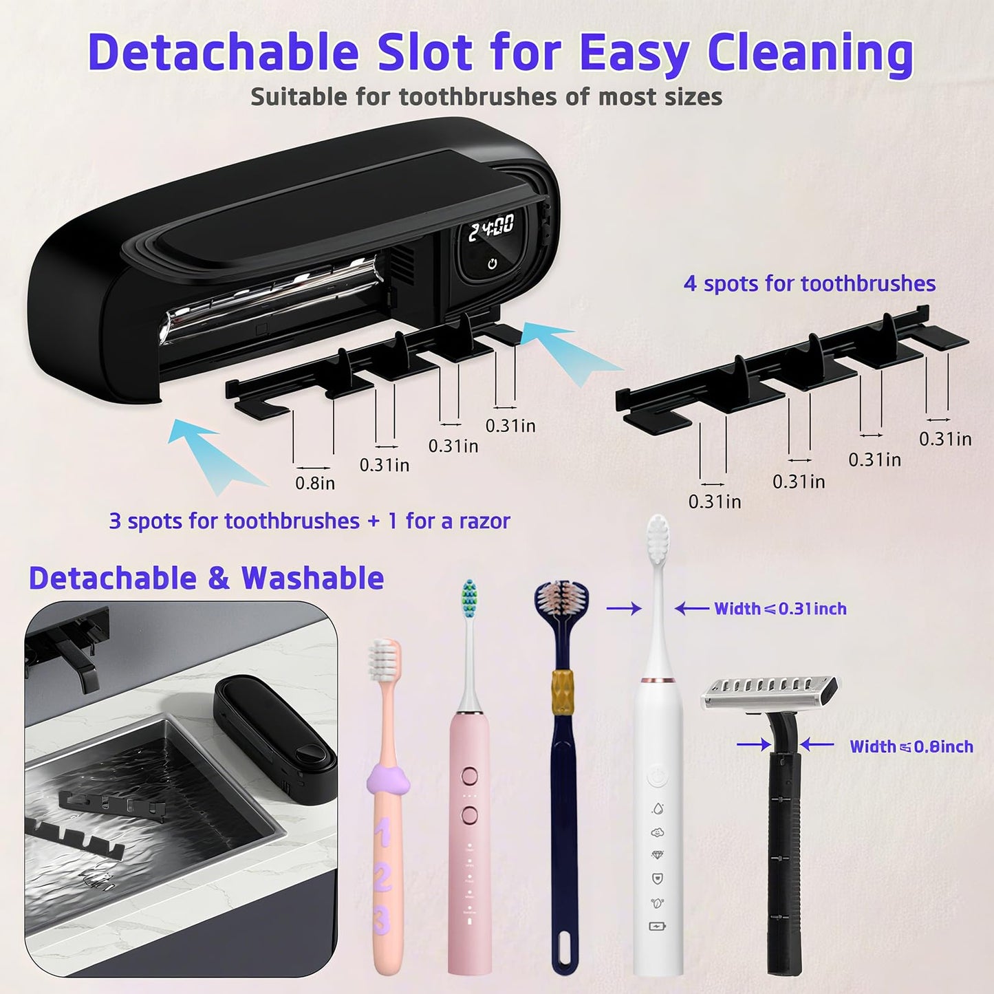 Wall Mounted Toothbrush Holders for Bathrooms, 4 Slots UV Toothbrush Sanitizer and Holder with Air Drying 3000mAh Rechargeable Cordless UV Toothbrush Cleaner with Timer Function & No Drilling (Black)