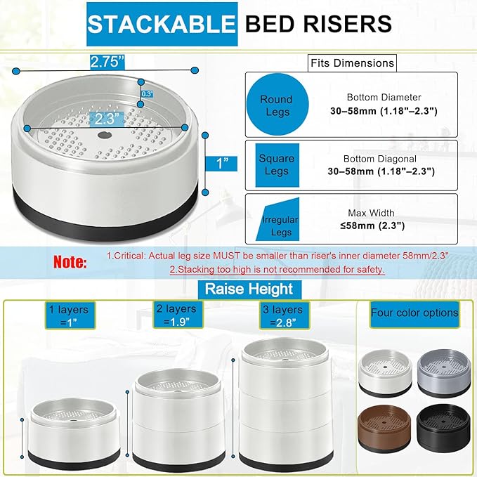 Bed Risers 1 inch, 2 inch, 3 inch, 4 inch Heavy Duty, Adjustable Furniture Riser