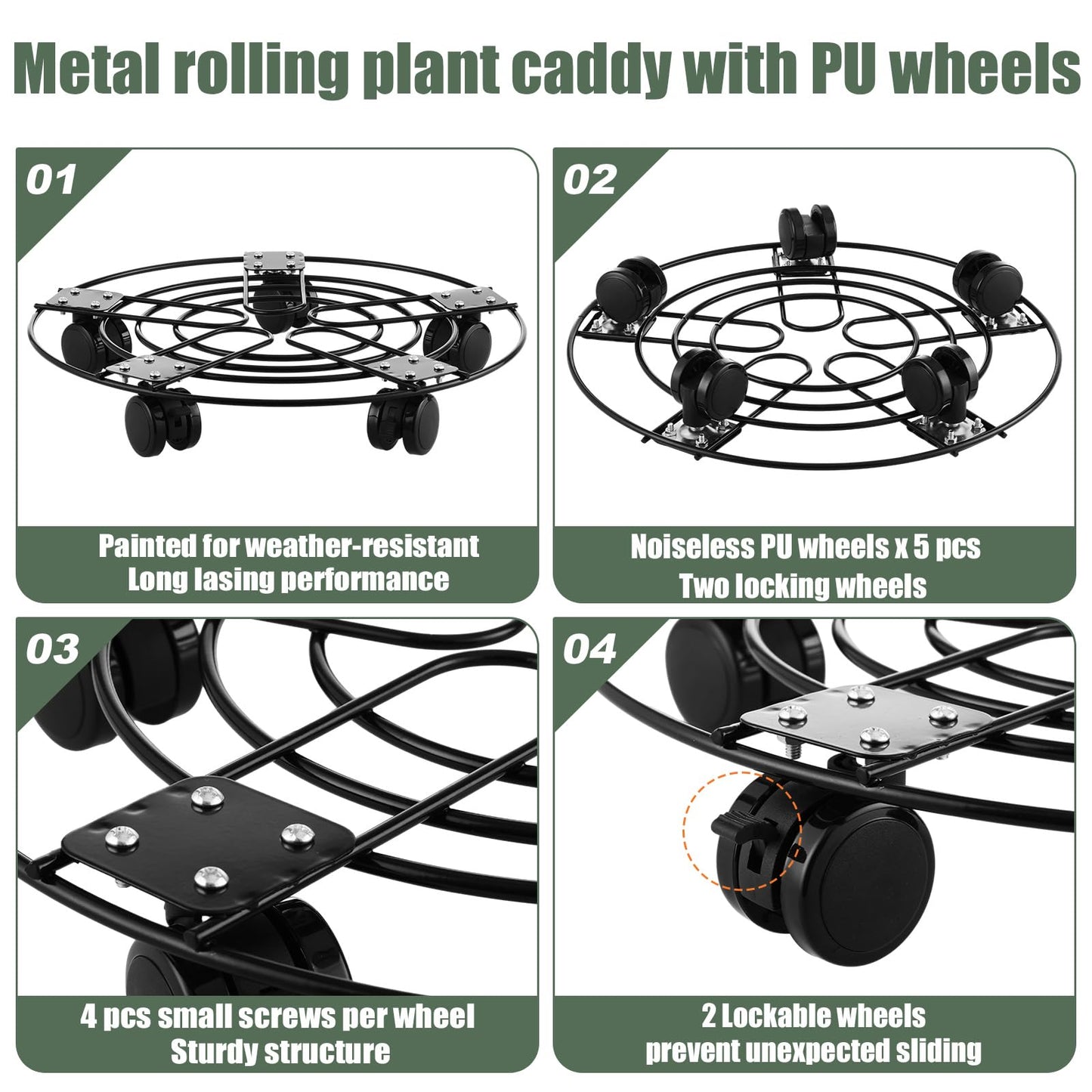 5 Packs 13.5" Large Metal Plant Caddy with Wheels Iron Rolling Plant Stands Heavy-duty Plant Roller Base Pot Movers Indoor Outdoor Plant Dolly with 5 Casters Plant Trolley Coaster Holder