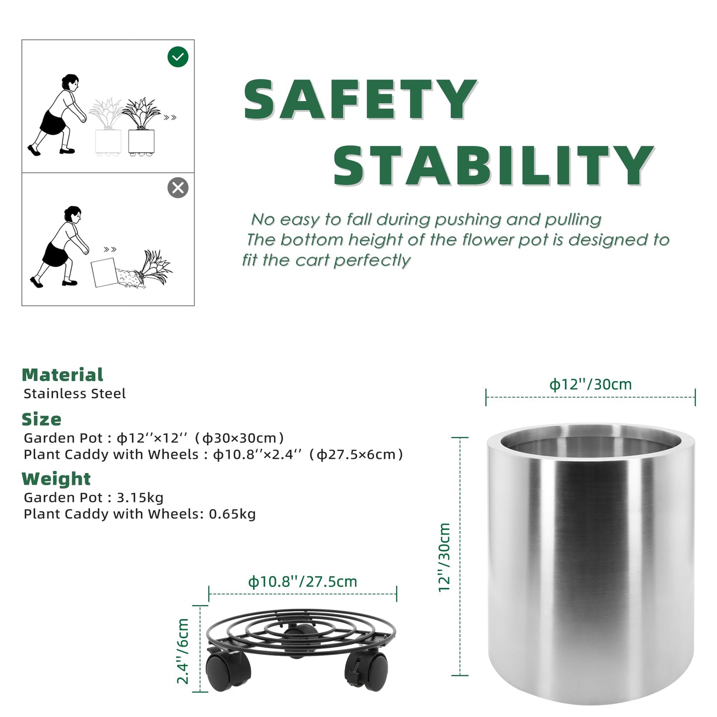 Modern Indoor Outdoor Large Stainless Steel Plant Pot and Plant Caddy with Wheels for Home Patio Garden,11.81 Inch Dia Round Planter, Easy to Clean and Move