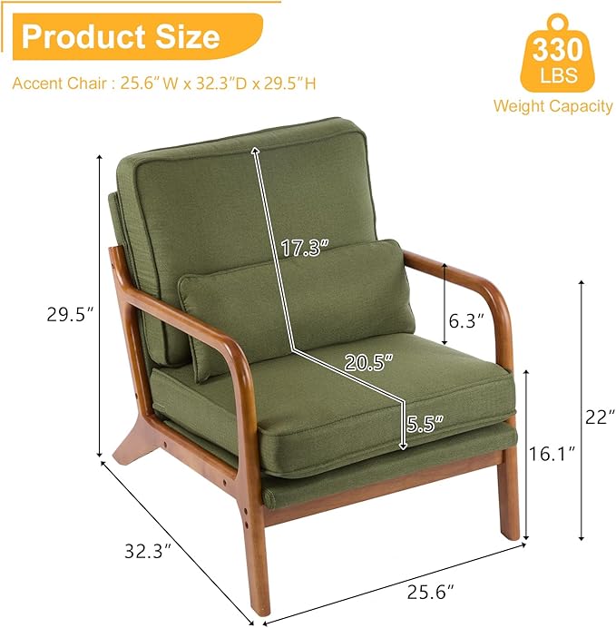 Bonnlo Dark Green Linen Mid Century Modern Accent Chair, Soild Wood Padding