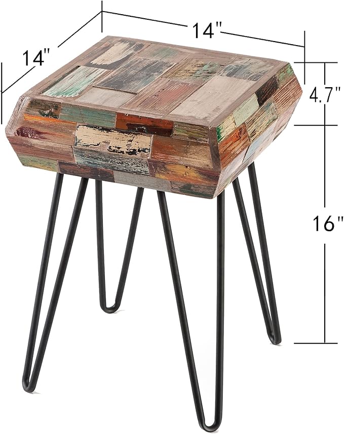Multicolor Square Wood Drum Side Table 14" x 14" x 20" H Reclaimed Wooden