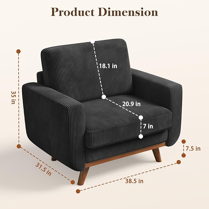 Vesgantti 38.5" Accent Chair Black, Comfy Corduroy Single Sofa Seat