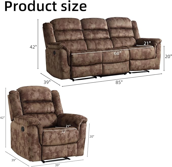 EBELLO 3 Pieces Reclining Living Room Set, Soft Fabric Manual Recliner Sofa