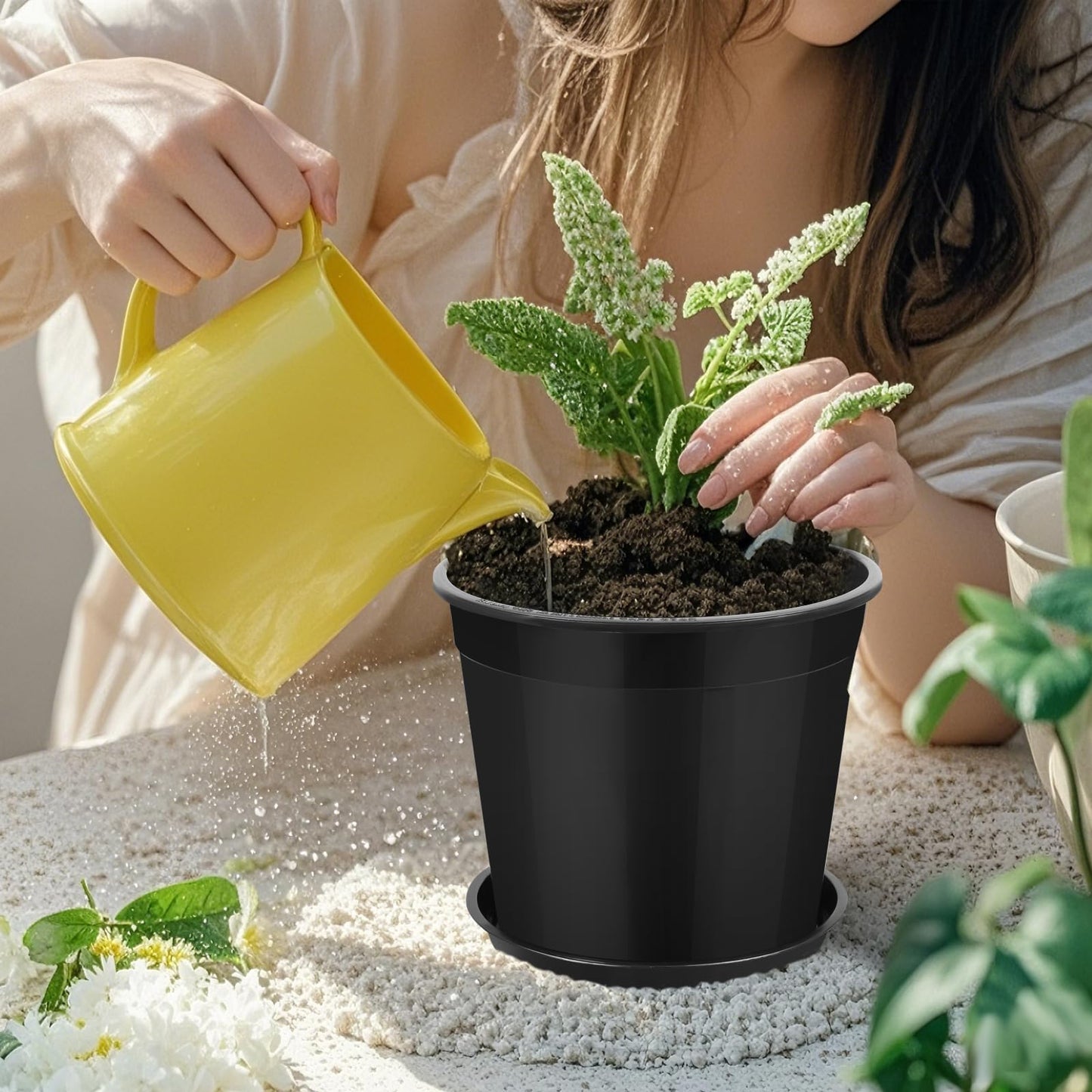 FUIJOL 2 Gallon Plastic Pots with Drip Trays, Sturdy Gallon Plant Pots with Drainage Holes, Large Plastic Planter for Flowers, Ideal for Indoor and Outdoor Use (2Gallon-10PACK)