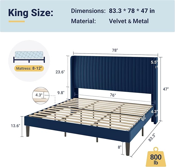 Allewie King Size Velvet Bed Frame/Vertical Channel Tufted Wingback