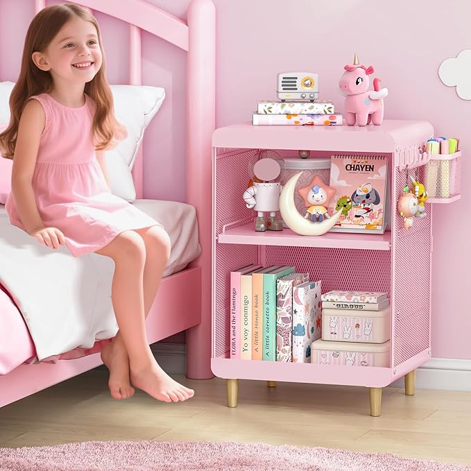 SYKIARIOL Kids Nightstand for Girls, Metal Bedside Table
