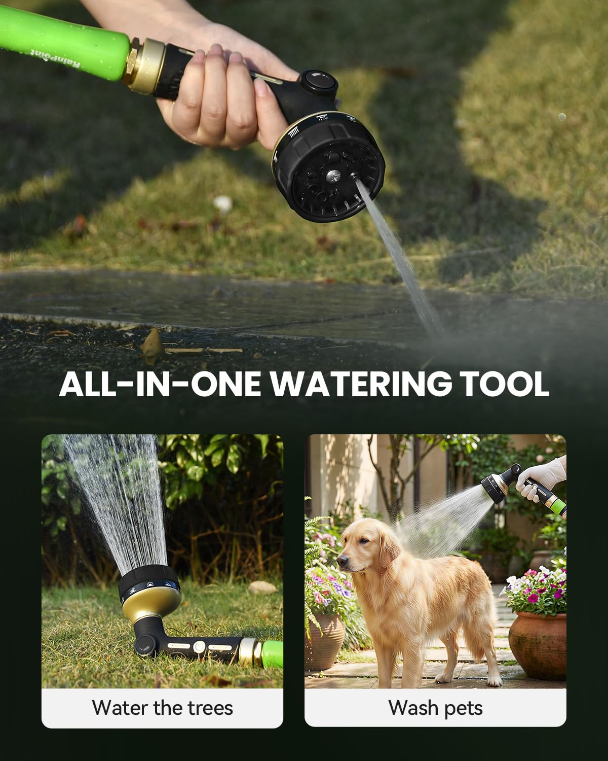 RAINPOINT Garden Hose Nozzle Heavy Duty - 100% Metal Thumb Control Spray Nozzles for Garden Hose High Pressure, 10 Patterns Water Hose Nozzle for Car Wash, Watering Lawn and Pets, Black